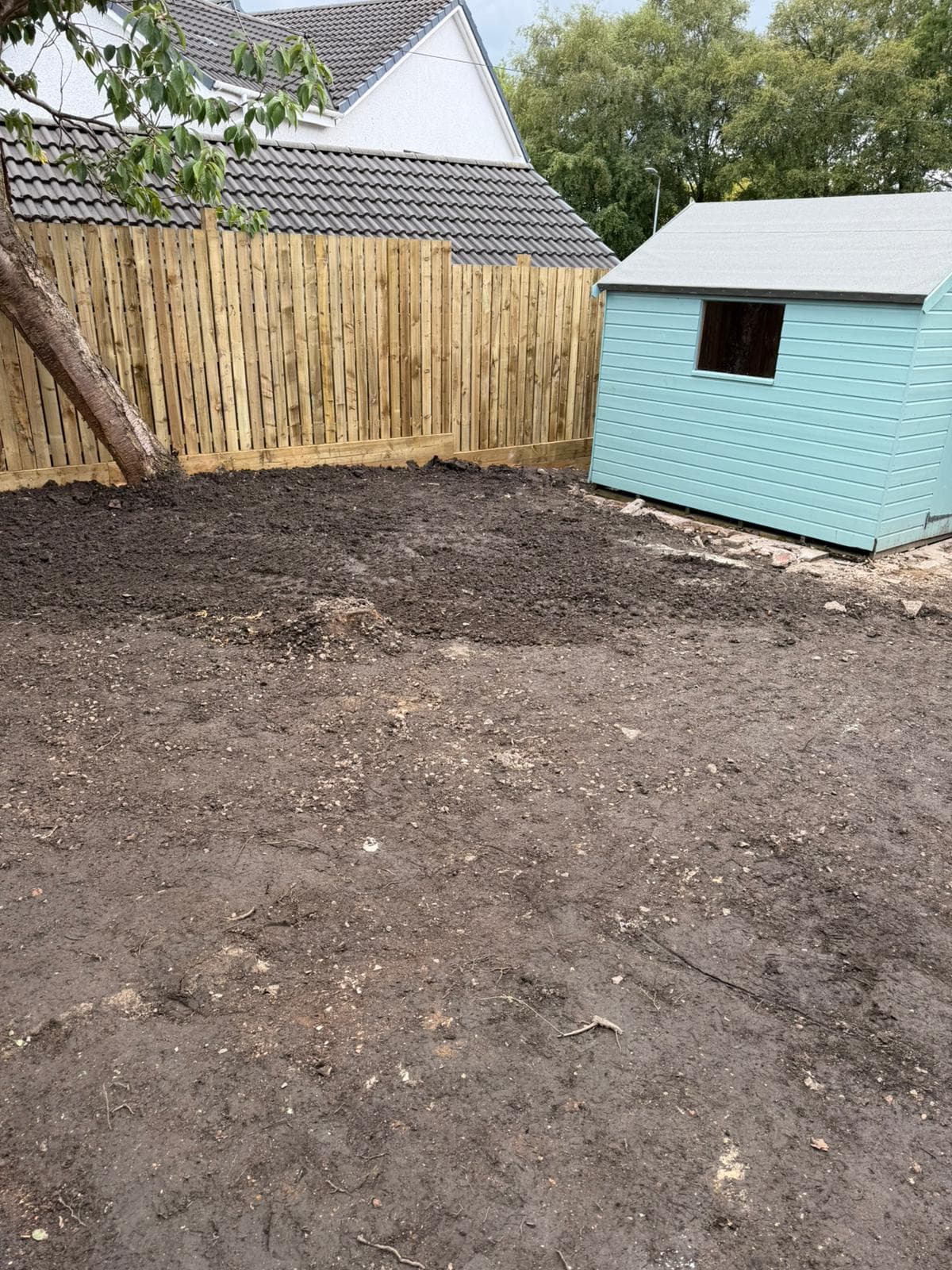 New timber fencing enclosing a rear garden that has been cleared to bare soil